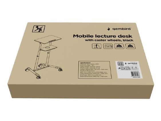 Gembird TVS-DESK-01-BK, Sort, 20 kg, 1110 - 1345 mm, MDF, Rektangulær form, 530 mm