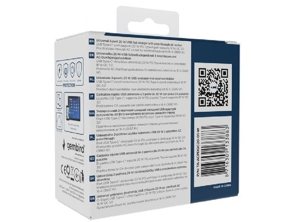 Gembird TA-ACPDQC20-01-W, inomhus, AC, 230 V, Vit