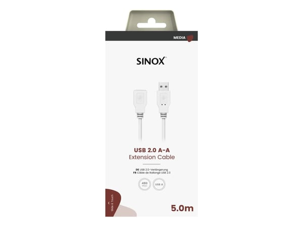 Sinox USB 2.0 -jatkojohto. 5m. Valkoinen