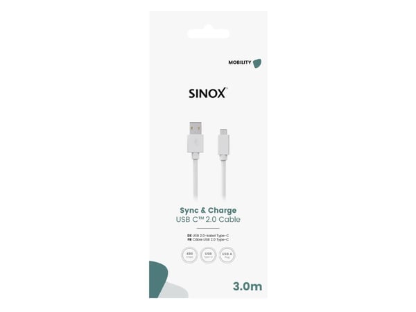 Sinox SOE05163, 3 m, USB C, USB A, USB 2.0, 0,48 Gbit/s, Vit