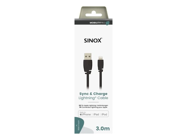 Sinox PRO Lightning kabel m/original Apple™ chip. 3m. Sort, 3 m, Lightning, USB A, Hanstik, Hanstik, Sort