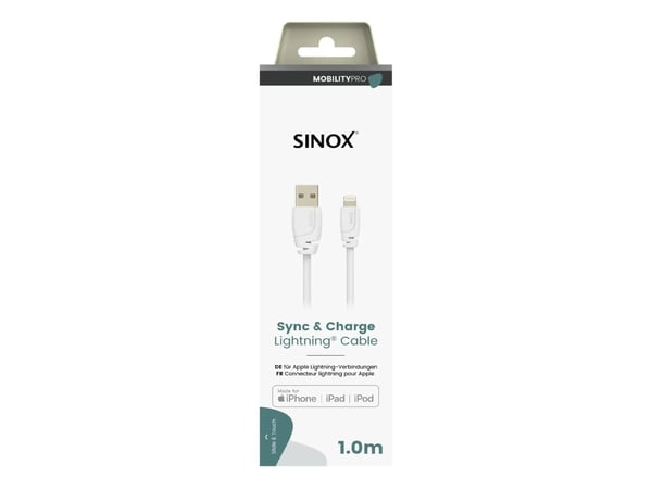 Sinox SXI02501MFI, 1 m, Lightning, USB A, Hankjønn, Hankjønn, Hvit