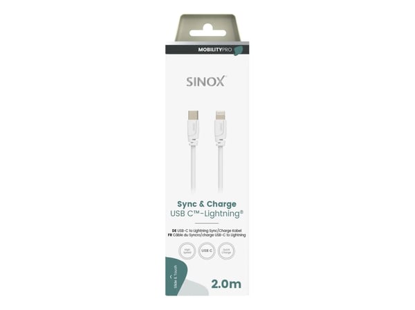 Sinox PRO USB C - Lightning-kaapeli. 2m, valkoinen, 2 m, Lightning, USB C, urosliitin, urosliitin, valkoinen
