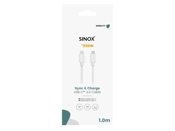 Sinox - USB-kabel - USB-C (hann) til USB-C (hann) - USB 2.0 - 1 m - hvit