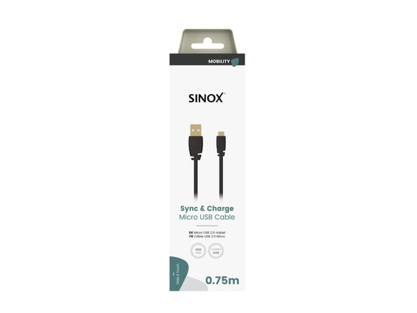 Sinox Micro-USB-kaapeli. 0,75 m. Lajittelu, 0,75 m, Micro-USB B, USB A, USB 2.0, 0,48 Gbit/s, Lajittelu