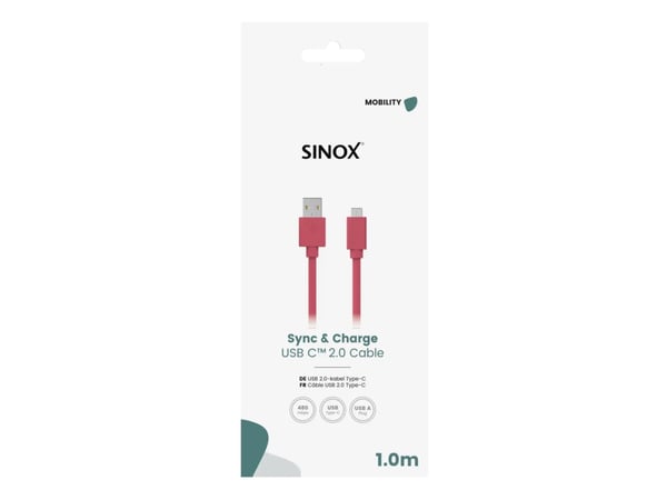 Sinox USB C til USB A-kabel. 1 m, Rosa, 1 m, USB C, USB A, USB 2.0, 0,48 Gbit/sek, Rosa