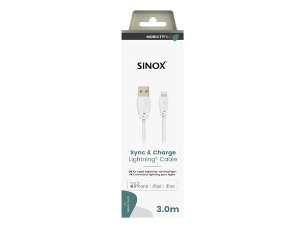 Sinox SXI02503MFI, 3 m, Lightning, USB A, Hankjønn, Hankjønn, Hvit