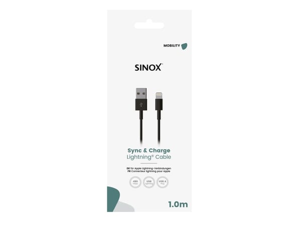 Sinox Lightning-kaapeli. 1m, Musta, 1m, Lightning, USB A, urosliitin, urosliitin, musta