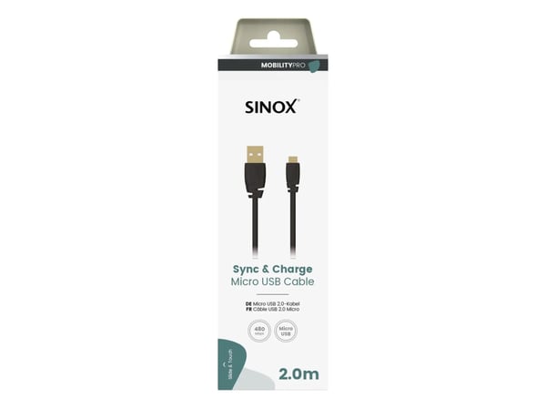 Sinox Micro USB kabel. 2m. Sort, 2 m, Micro-USB B, USB A, USB 2.0, 0,48 Gbit/sek., Sort