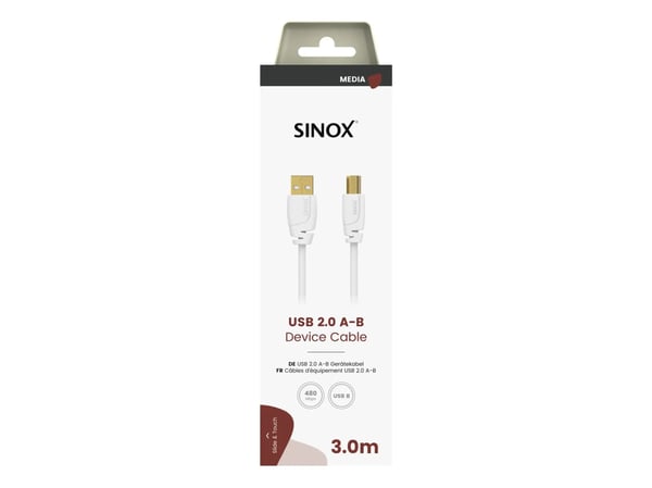 Sinox USB 2.0-skriverkabel. 3 m, Hvit, 3 m, USB A, USB B, USB 2.0, 0,48 Gbit/sek, Hvit