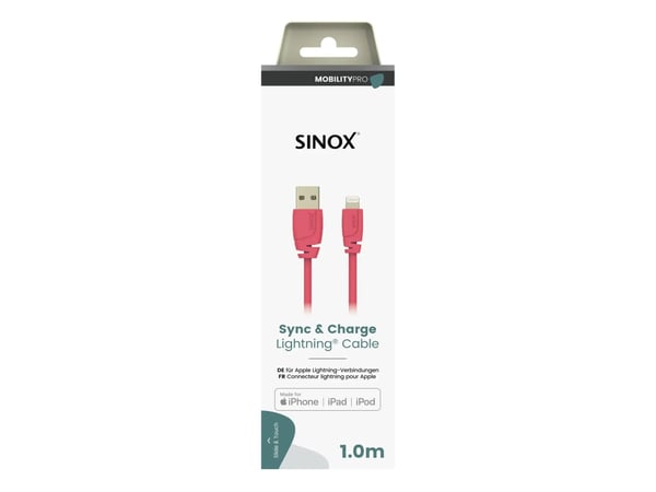 Sinox SXI02701MFI, 1 m, Lightning, USB A, Hankjønn, Hankjønn, Rosa