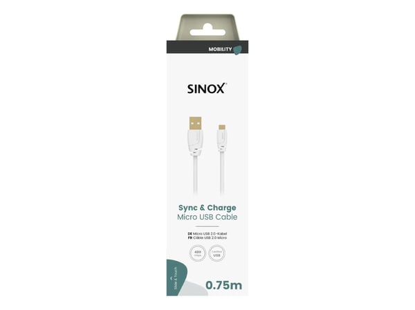 Sinox SOI04911, 0,75 m, Micro-USB B, USB A, USB 2.0, 0,48 Gbit/s, Hvit