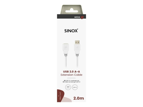 Sinox USB 2.0 -jatkojohto. 2m. Valkoinen