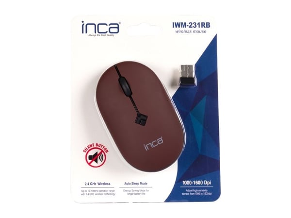 Inca IWM-231RB, Ambidekstriøs, Optisk, RF kabel-fri, 1600 DPI, Sort, Brun