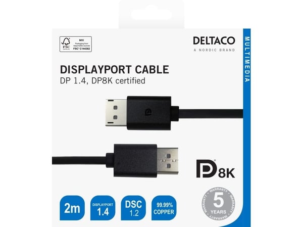 DELTACO - DisplayPort-kabel - DisplayPort (hann) til DisplayPort (hann) - DisplayPort 1.4 - 2 m - støtte for 8K UHD (7680 x 4320), ikke-låsende, DS...