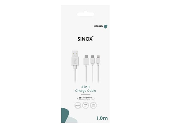 Sinox 3-in-1 kaapeli Lightning, USB C ja Micro USB. 1m. valkoinen