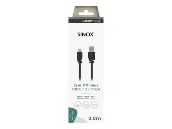 Sinox PRO USB C til USB A-kabel. 2 m, Svart, 2 m, USB C, USB A, USB 3.2 Gen 1 (3.1 Gen 1), 5 Gbit/sek, Svart