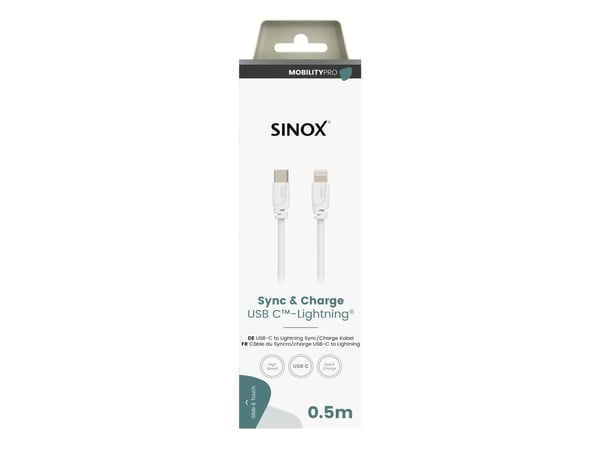 Sinox PRO USB C - Lightning-kaapeli. 0,5m, Valkoinen, 0,5 m, Lightning, USB C, urosliitin, urosliitin, Valkoinen, urosliitin, valkoinen