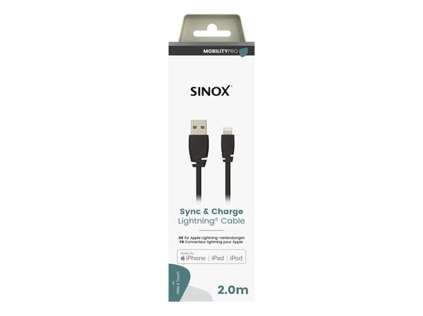 Sinox PRO Lightning kabel m/original Apple™ chip. 2m. Sort, 2 m, Lightning, USB A, Hanstik, Hanstik, Sort