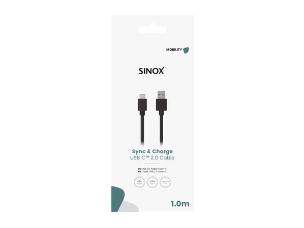 Sinox USB C til USB A-kabel. 1 m, Svart, 1 m, USB C, USB A, USB 2.0, 0,48 Gbit/sek, Svart
