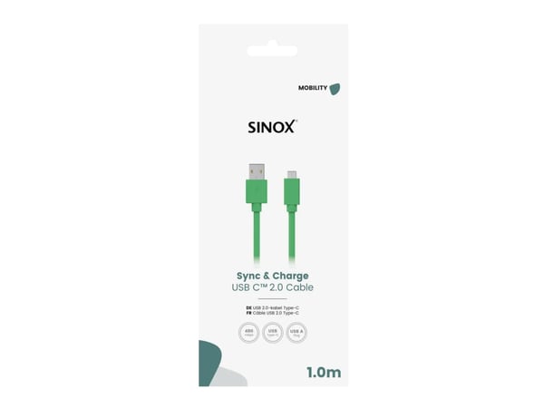 Sinox SOE05261, 1 m, USB C, USB A, USB 2.0, 0,48 Gbit/s, Grön