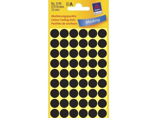 Avery 3140 - Svart - 12 mm rund 270 etikett(er) (5 ark x 54) runde etiketter