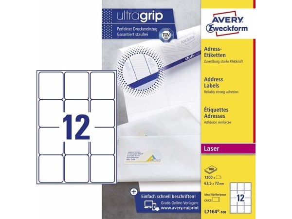 Avery L7164-100, Itsekiinnittyvä lappu, Valkoinen, Paperi, Laser, Kiinteä, Pyöristetty suorakulmio