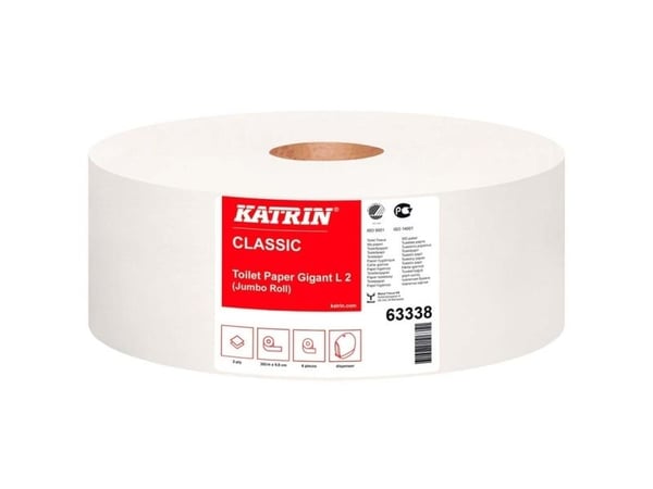 Toiletpapir Katrin Classic Gigant Jumbo L2 2-lag Ø27.5xB9.8cmL380m Mix Hvid,6 stk/krt
