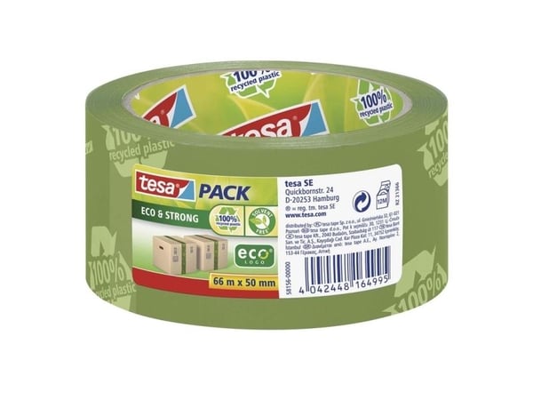 Pakkausteippi Tesapack Eco &amp; Strong EcoLogo, PIR PP, 50 mm x 66 m, vihreä/painatus