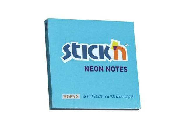 Notes Stick'N NEON blå 76x76mm 100blade - (12 stk.)