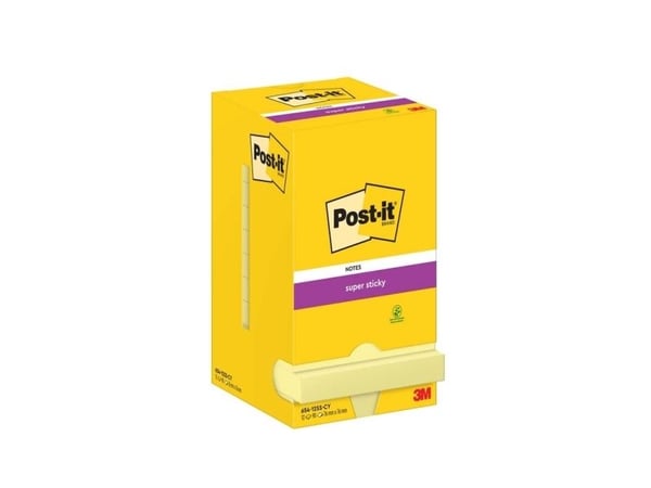 Notes, Post-it, Super sticky, gul, 76 x76mm, pakke a 12 stk 100 % PEFC Certified