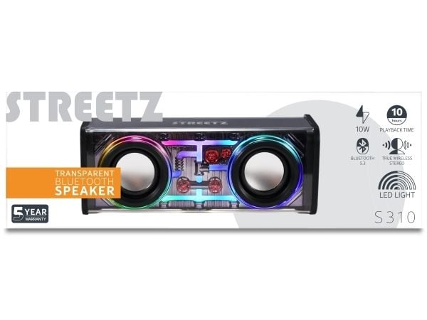 Streetz Gjennomsiktig bluetooth høyttaler med TWS og LED lyseffekter, 10 W, 180 - 20000 Hz, Trådløs, 10 m, Stereo bærbar høyttaler, Svart