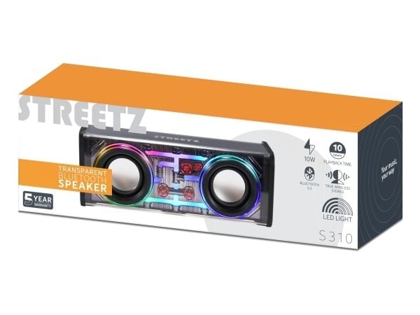 Streetz Gjennomsiktig bluetooth høyttaler med TWS og LED lyseffekter, 10 W, 180 - 20000 Hz, Trådløs, 10 m, Stereo bærbar høyttaler, Svart
