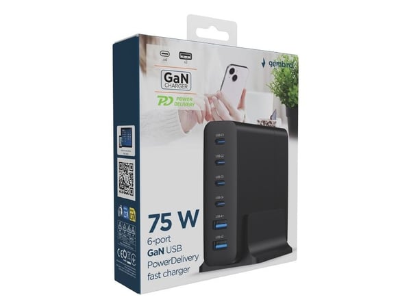 Gembird TA-UC-2A4C-PD75-01-BK, Sisätila, AC, 12 V, 1,5 m, musta
