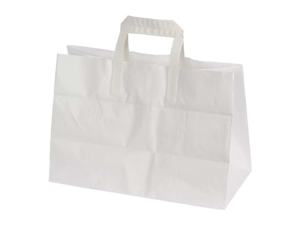 Papirbærepose, 350 x 170 x 245 mm flat bag, Papir, hvid, pakke a 200 stk palle 30 pakker, palle a 30