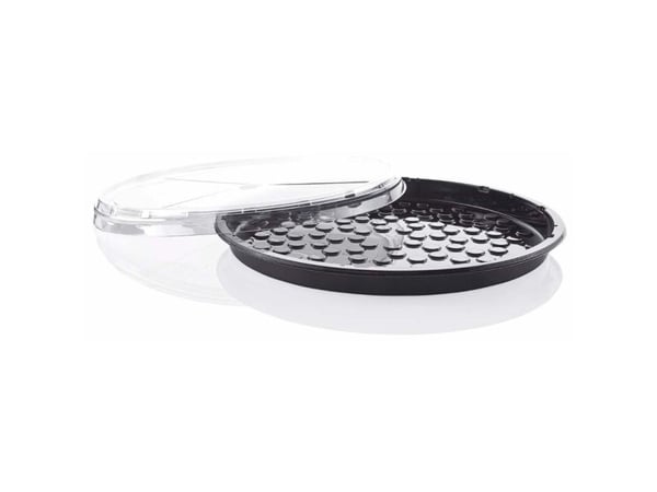 Låg t/plastbakke, Færch, P 78-50A., Rund Ø 330, højde 23, vægt: 301 PET, transparent, T/Pizza and Ta