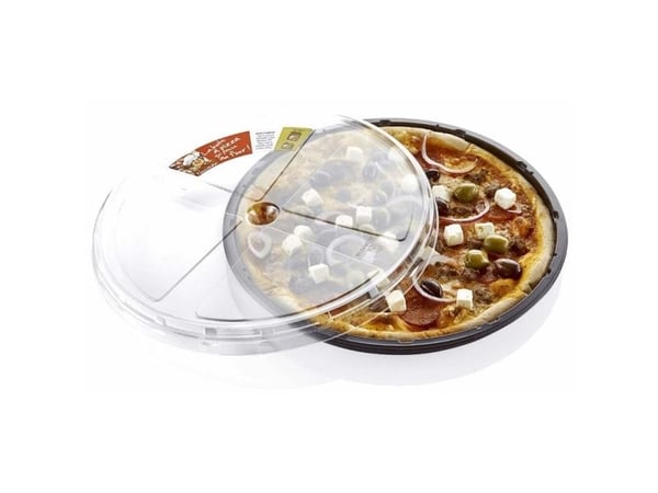 Låg t/plastbakke, Færch, P 78-50A., Rund Ø 330, højde 23, vægt: 301 PET, transparent, T/Pizza and Ta