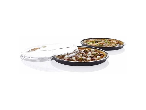 Låg t/plastbakke, Færch, P 78-50A., Rund Ø 330, højde 23, vægt: 301 PET, transparent, T/Pizza and Ta