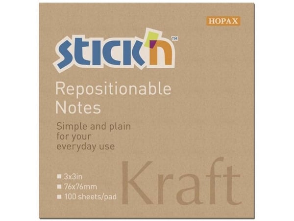 Notes, BNT Stick´n, Kraft pad, brun, 76 x76mm - (12 stk.)