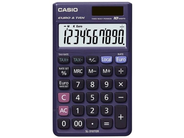 Casio SL-310TER+, Tasku, Perus, 10 lukua, 1 linjat, Akku/Aurinko, Sininen