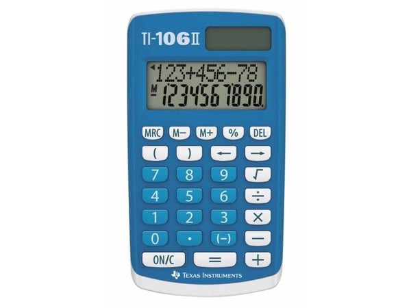 Texas Instruments TI 106-II, Tasku, Perus, 2 linjat, Akku/Aurinko, Sininen, Valkoinen