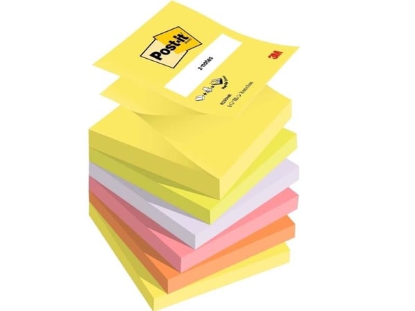 Post-it, Post-it, Z-notes, assorteret 76x76mm, pakke a 6 stk 100 % PEFC Certified