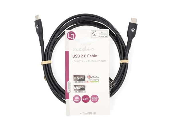 Nedis CCGL60710BK20, 2 m, USB C, USB C, USB 2.0, 0,48 Gbit/s, Sort
