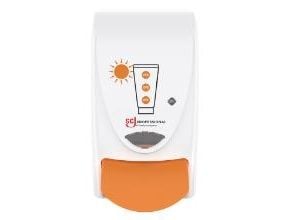 Dispenser, SCJ Professional Sun Protect, 1000 ml, vit, plast, manuell, med orange knapp, 1,0 ml per dos