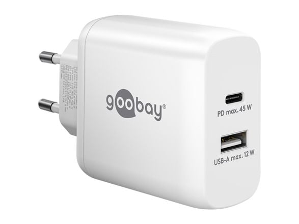 goobay - Strømadapter - GaN - 45 watt - 3 A - PD - 2 utgangskontakter (USB, USB-C) - hvit