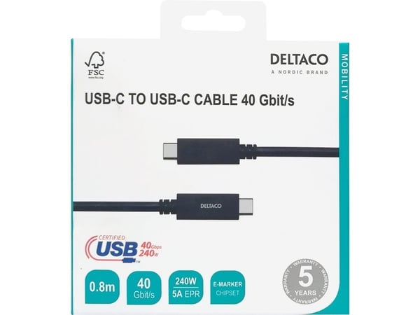 DELTACO - USB-kabel - 24 pin USB-C (hann) til 24 pin USB-C (hann) - USB4 Gen 3 - 5 A - 80 cm - utvidet effektområde (EPR) - svart