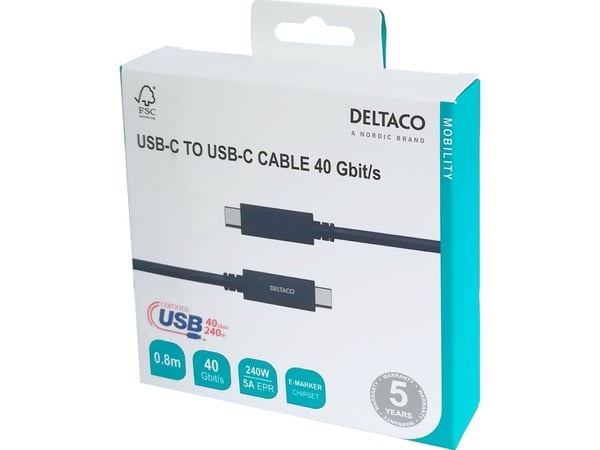 DELTACO - USB-kabel - 24 pin USB-C (hann) til 24 pin USB-C (hann) - USB4 Gen 3 - 5 A - 80 cm - utvidet effektområde (EPR) - svart