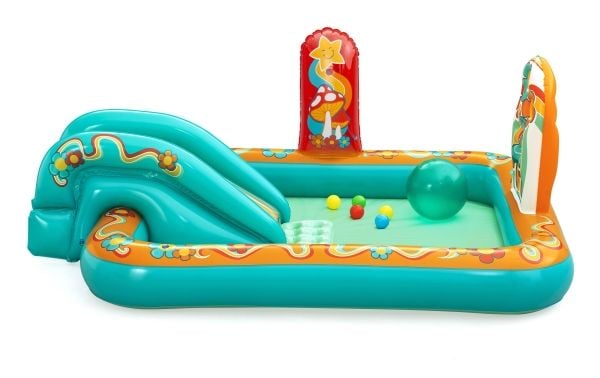 Bestway oppblåsbar lekeplass RETRO sklie + sprinkler + baller 53164