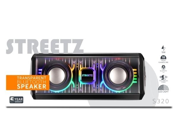 Streetz Gjennomsiktig bluetooth-høyttaler med TWS og LED-lyseffekter, 10 W, 10 W, 100 - 20000 Hz, Trådløs, 10 m, Stereo bærbar høyttaler, Svart