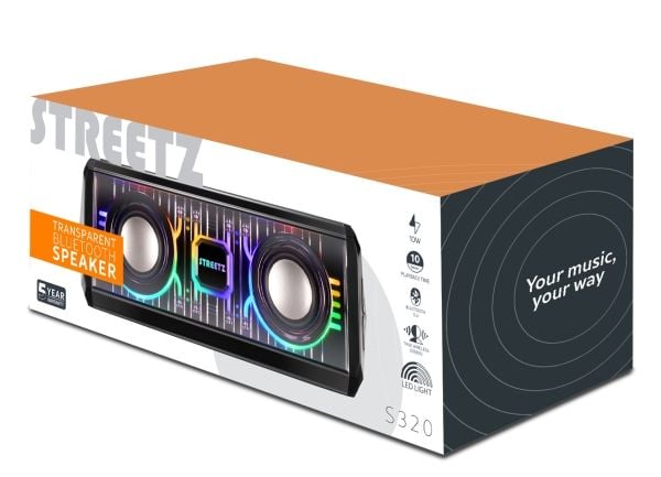 Streetz Gjennomsiktig bluetooth-høyttaler med TWS og LED-lyseffekter, 10 W, 10 W, 100 - 20000 Hz, Trådløs, 10 m, Stereo bærbar høyttaler, Svart